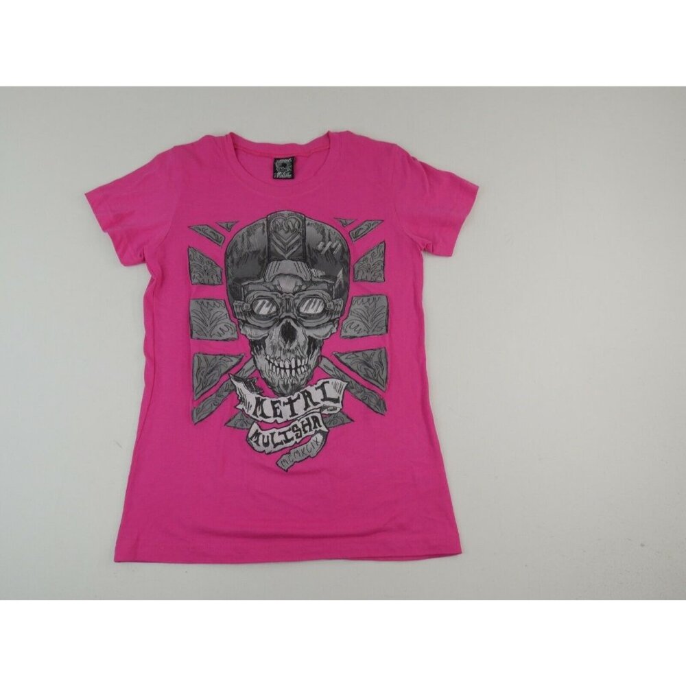 Metal Mulisha Pink Biker Skull Tattoo Art Short Sleeve T Shirt Womens Medium***